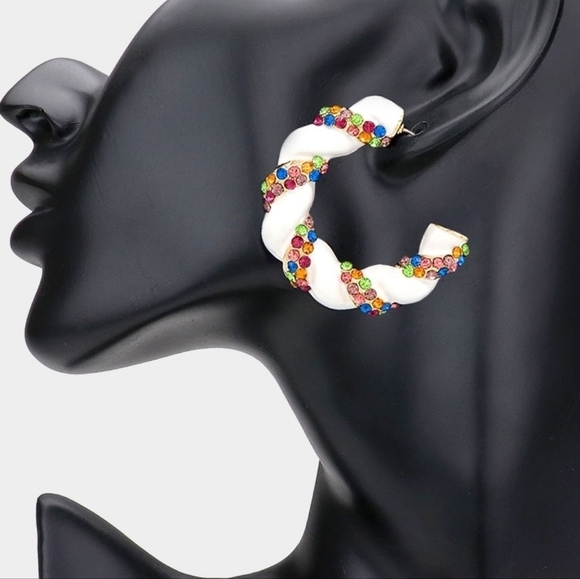 NEW Multicolor Rhinestone Embellished Braided White Hoop Earrings - Picture 3 of 9